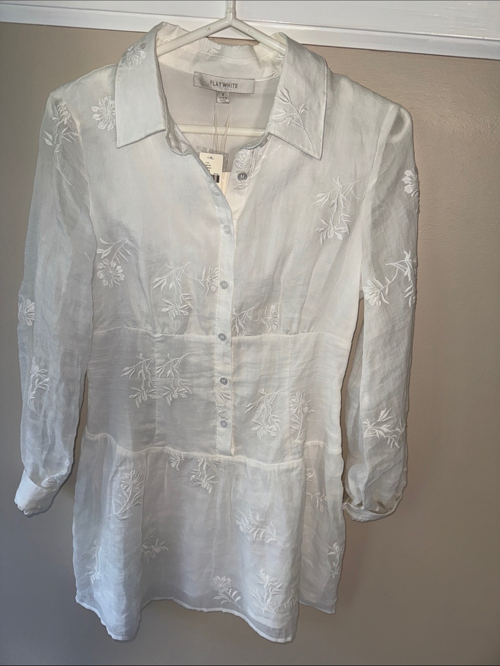 NEW Anthropologie White Embroidered Waisted Long Sleeve Shirtdress